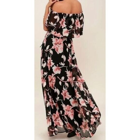 Lulus Infinite Love Black Floral Print Off-the-Shoulder Maxi Dress Sz L - Picture 11 of 12